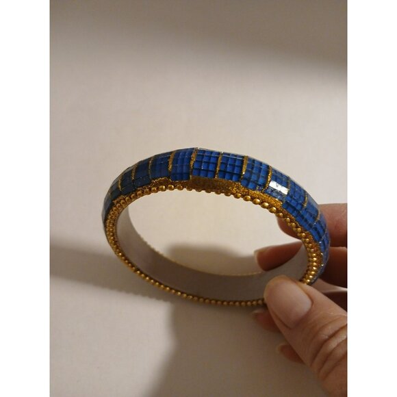 Blue Mosaic Bangle Bracelet Boho Gold Tone Glittery Textured 8 Inch - Picture 3 of 7